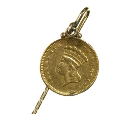 GOLD COIN. USA DOLLAR 1862, IN GOLD PIN MOUNT. 2.4G++LIGHT WEAR CONSISTENT WITH AGE