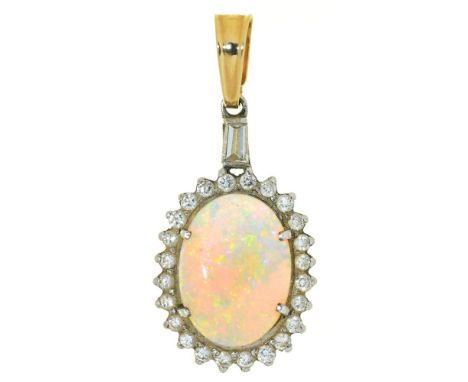 AN OPAL AND DIAMOND PENDANT, THE CABOCHON OPAL APPROX 2.8 CT, WITH YELLOW GOLD BAIL, APPROX 3CM LONG, 3.5G++LIGHT WEAR CONSIS