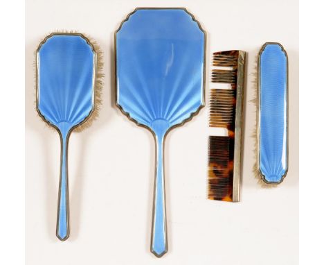 A FOUR PIECE GEORGE VI SILVER AND BLUE GUILLOCHE ENAMEL DRESSING SET, BIRMINGHAM 1947++TARNISHED. COMB MISSING TEETH