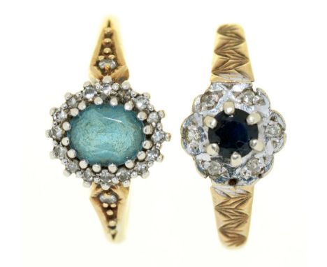 A SAPPHIRE AND DIAMOND RING, AND AN AQUAMARINE AND DIAMOND RING, IN 9CT GOLD, 5G, SIZE M++LIGHT WEAR CONSISTENT WITH AGE