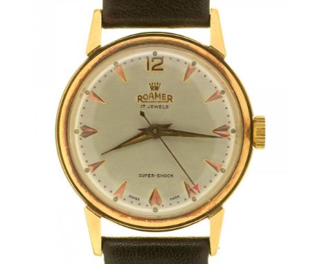 A ROAMER SUPER SHOCK GOLD PLATED GENTLEMAN'S WRISTWATCH, CIRCULAR DIAL APPROX. 28 MM, LEATHER STRAP++IN GOOD WORKING CONDITIO