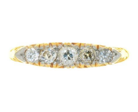 A VICTORIAN FIVE STONE DIAMOND RING, OLD CUT DIAMONDS APPROX 0.3CT, IN GOLD MARKED 18CT, 3.5G, SIZE O++IN GOOD CONDITION WITH