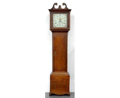 AN EARLY 19TH C OAK THIRTY HOUR LONGCASE CLOCK, THE PAINTED DIAL INSCRIBED JOHN VEROW HINCKLEY, DECORATED WITH BIRDS AND FRUI
