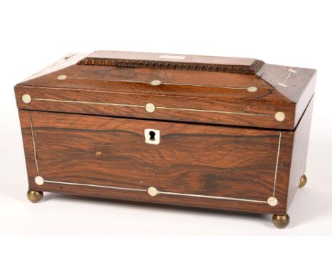 AN EARLY VICTORIAN ROSEWOOD AND MOTHER OF PEARL LINE AND SPOT INLAID TEA CADDY WITH FITTED INTERIOR CONTAINING CONTEMPORARY P