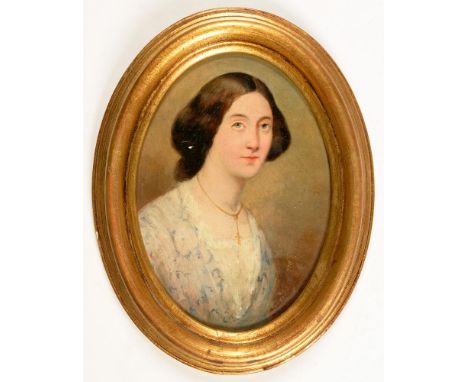 ENGLISH SCHOOL, MID 19TH C, PORTRAIT OF A LADY, OIL ON ARTIST'S BOARD, OVAL, 17 X 12CM