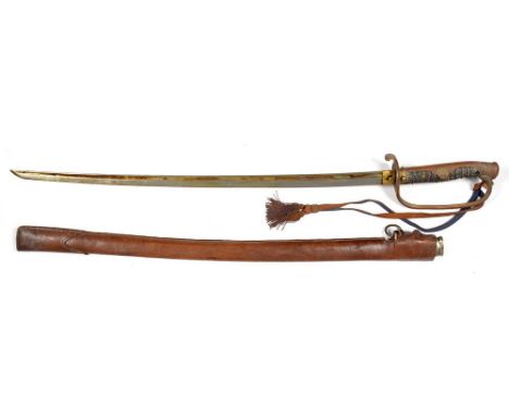 AN EARLY 20TH C CONTINENTAL OFFICER'S SWORD AND NICKEL PLATED SCABBARD, WITH LEATHER SLEEVE, BLADE 66CM