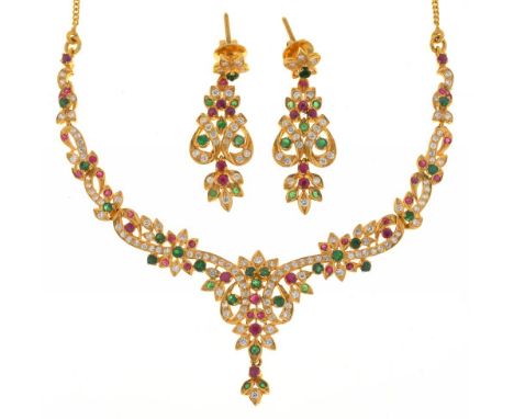 A RUBY, EMERALD AND CUBIC ZIRCONIA NECKLACE AND EARRINGS, IN 22CT GOLD, 33.5G++IN GOOD CONDITION 