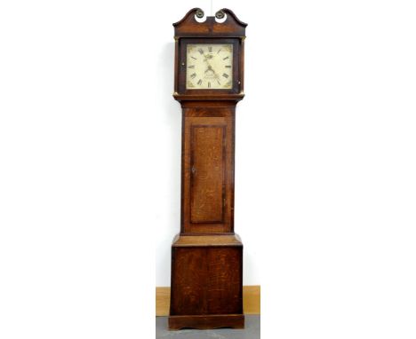 A 19TH C OAK AND MAHOGANY THIRTY HOUR LONGCASE CLOCK WITH SWAN NECK PEDIMENT, THE PAINTED DIAL INSCRIBED KNIGHT EARLS BARTON 