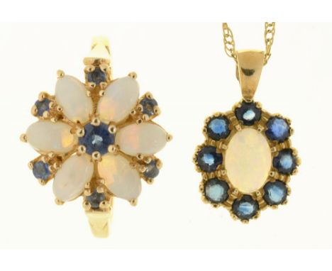 AN OPAL AND SAPPHIRE PENDANT IN 9CT GOLD, ON GOLD CHAIN, AND AN OPAL AND SAPPHIRE RING IN 14CT GOLD, SIZE P, 6G++IN GOOD COND