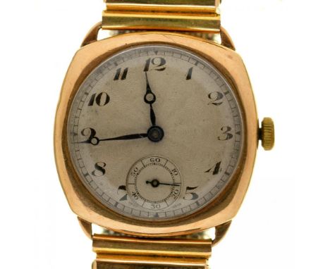 A 9CT GOLD CUSHION SHAPED WRISTWATCH, GOLD PLATED BRACELET, ENGRAVED TINY TO BACK, BIRMINGHAM, 1930, 43G++IN GOOD CONDITION W