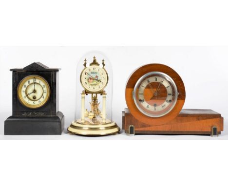 A FRENCH BELGE NOIR ARCHITECTURAL MANTEL TIMEPIECE WITH PRIMROSE ENAMEL DIAL, 25CM H, AN ART DECO WOOD CLOCK, CHIMING MOVEMEN