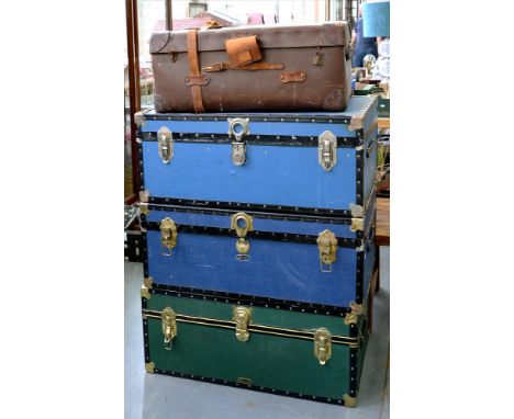 TWO MOSSMAN CONTEMPORARY TRUNKS AND A SIMILAR TRUNK AND A BILLINGS &amp; EDMUNDS LTD TRUNK, HAVING LEATHER REINFORCED CORNERS