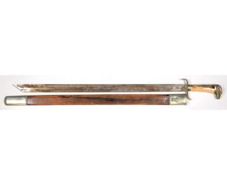 A HUNTING SWORD AND LEATHER SCABBARD, THE BLADE STAMPED JACOB BUNGER SOHN BARMEN GARANTIZADO, THE NICKEL PLATED HILT WITH EAG