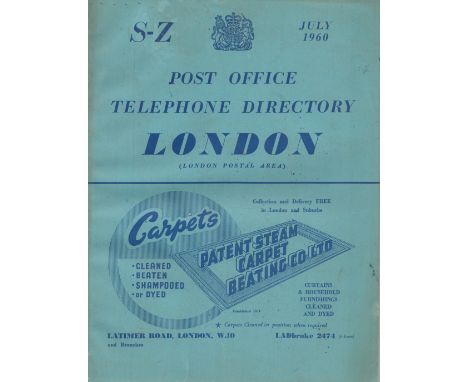 Post Office Telephone Directory London S-Z - London Postal Area July 1960. 8¼" x 11". An interesting item in fine condition i