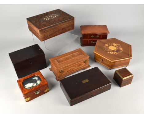 A Collection of Various 19th and 20th Century Treen Boxes to Include Victorian Rosewood Tea Caddy (In Need of Restoration), C