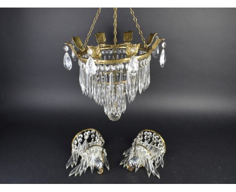 A Ceiling Hanging Brass and Crystal Chandelier with Two Matching Wall Lights, 28ms Diameter
