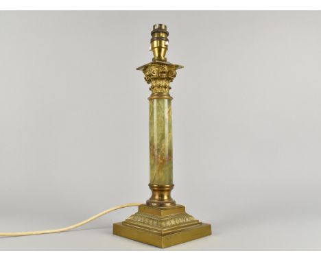 A Heavy Brass and Green Onyx Table Lamp Base in the Form of a Corinthian Column on Stepped Square Base, No Shade, 37cms High
