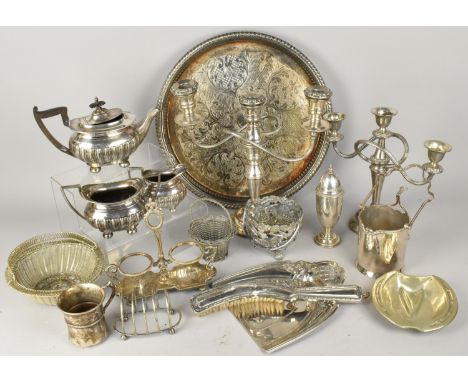 A Collection of Various Silver Plate to Comprise Walker &amp; Hall Three Piece Tea Service, Galleried Tray, Three BRanch Cand