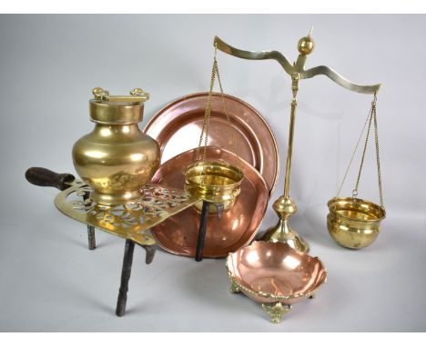A Collection of Brass and Copper to Comprise Balance Scales, 19th Century Trivet (AF), Teachers Copper Tray etc