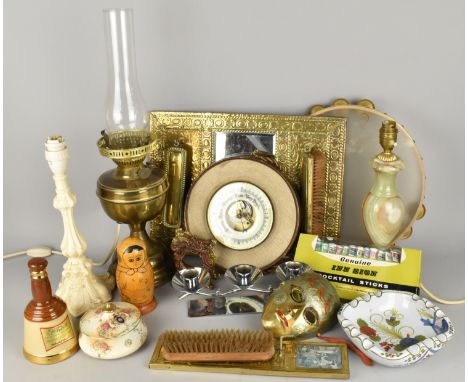 A Collection of Various Items to Comprise Hand Beaten Brass Combination Mirror and Clothes Brush Stand, Converted Brass Oil L