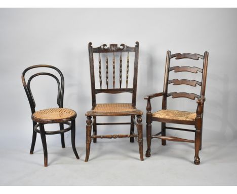 A Collection of Three Vintage Chairs to include Bentwood Childs Cane Seated Example, Child's ladder Back Armchair with Rush S