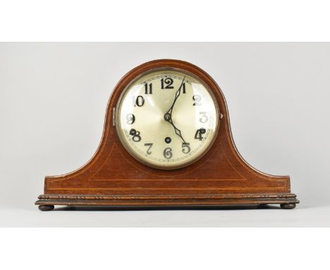 An Edwardian String Inlaid Mahogany Napoleon Hat Mantel Clock with Westminster Chime Movement, 39.5cms Wide