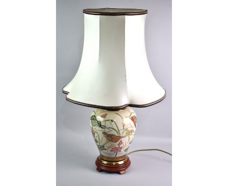 A Large Oriental Table Lamp and Shade, The Vase Shaped Base Decorated with Kingfishers, Overall Height 79cms