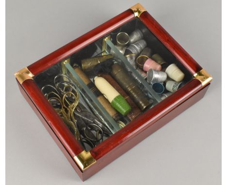 A Modern Wall Hanging Two Shelf Display Containing Vintage Scissors, Needle Cases, Thimbles Etc, 15x20cms