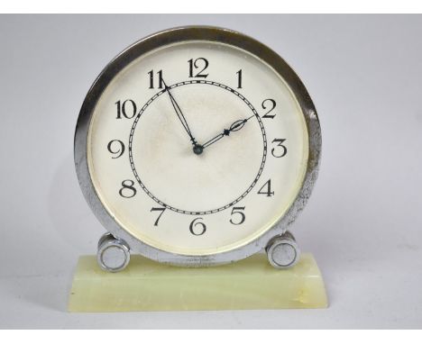 An Art Deco Mantel Clock on Green Onyx Plinth Base, Movement Requires Some Attention, 13cms Wide