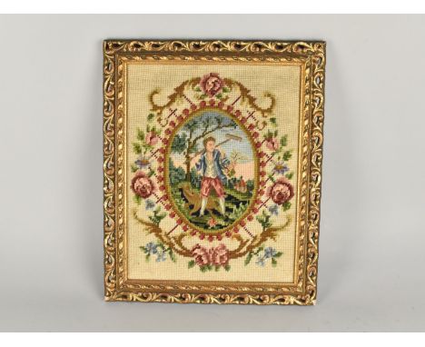 An Ornate Gilt Framed Tapestry, Young Boy and Dog Cartouche, Frame 35x43cm