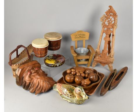 A Collection of Various Sundries to Comprise Treen Fruit, Carved Easel, Painted Duck etc
