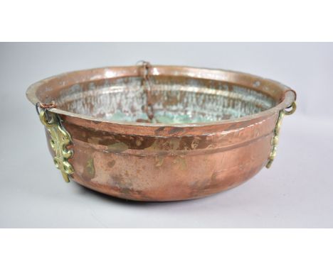 A Large Copper and Brass Planter Bowl with Three Chain Hanging Supports, 40.5cms Diameter