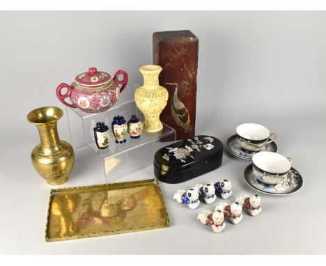 A Collection of Various Oriental Items to Comprise Chinese Porcelain Lidded Sugar Pot and Cover, Figural Porcelain Chopstick 