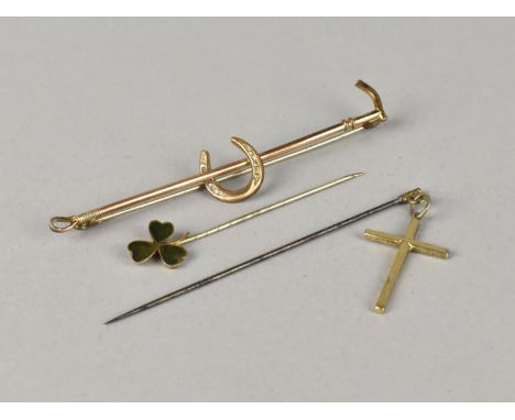 A Rolled Gold Brooch Modelled as Crop and Horseshoe Together with Two Tie Pins to Include Three Leaf Clover and Small Cross