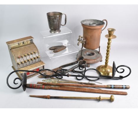 A Collection of Various Sundry Metalwares to include Childs Toy Cash Till, Copper Bucket, Candlestick Etc