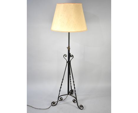 A Late Victorian Wrought Iron Rise and Fall Tripod Oil Light Stand Converted to Standard Lamp