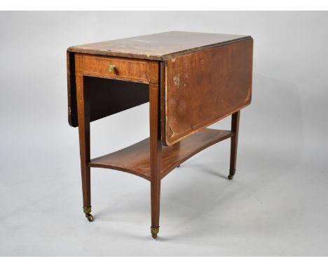 An Edwardian Mahogany String Inlaid Drop Leaf Side Table with End Drawer and Shaped Stretcher Shelf, In Need of Restoration, 