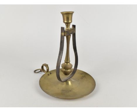A Mid 20th Century Indian Brass Gimballed Bedchamber Stick with Circular Tray Base, 15cms Diameter