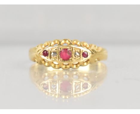 An Antique 18ct Gold, Ruby and Diamond Ring, Central Round Cut Ruby (With Loss), Grain Set and Flanked by Two Small Rose Cut 