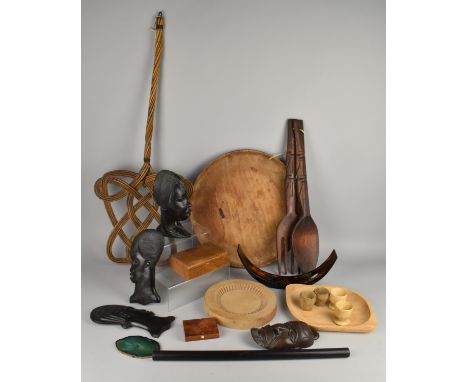 A Collection of Various Treen and Other Items to Comprise African Hardwood Bust, Plaques, Carpet Beater etc