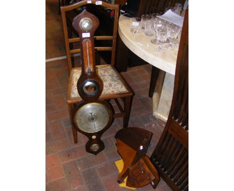 A wall hanging barometer/thermometer, child's chair and two wooden wall brackets