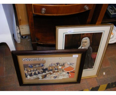 A cartoon print of court scene, together with one of Barrister
