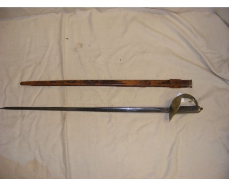 A George V sword with pierced guard and leather scabbard - overall length of sword 100cm 