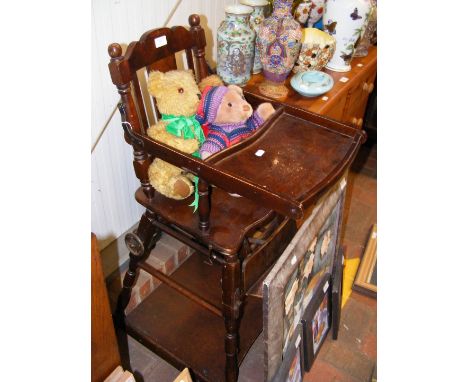 An antique metamorphic highchair, together with three vintage Teddies  