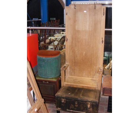 A hall stand and seat, together with a piano stool, Lloyd Loom style basket and an ammunition box turned coffee table 