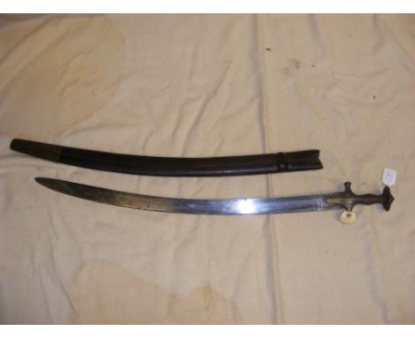 An Indo-Persian style curved sword with leather scabbard - sword engraved Mole, Birmingham - overall length of sword 87cm  CO