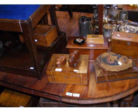 A selection of treen including trinket boxes, together with tribal mask