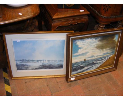 An oil on canvas of man watching waves, signed 'Daniel' bottom right, together with a Limited Edition Cavendish Morton print 
