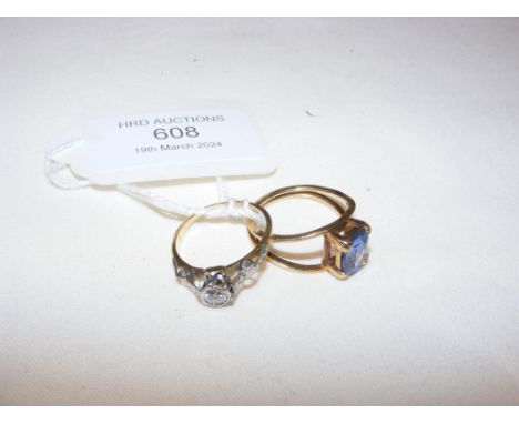 A baguette cut dress ring in gold setting, together with a diamond solitaire in gold setting