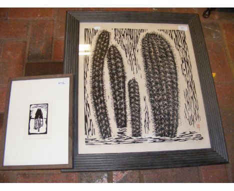 A Japanese Jadfair style woodblock/stencil print of cacti, together with a Limited Edition print 'Irish Cyclist' by P THOMAS 